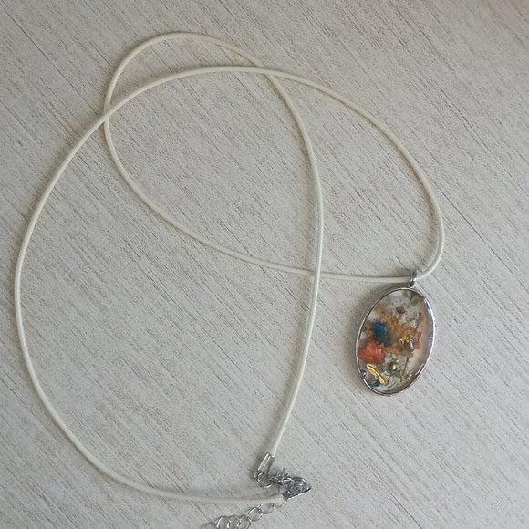 Hand Crafted Jewelry - Hand Crafted Floral Resin Oval Pendant Necklace in White, Blue, Orange, Yellow